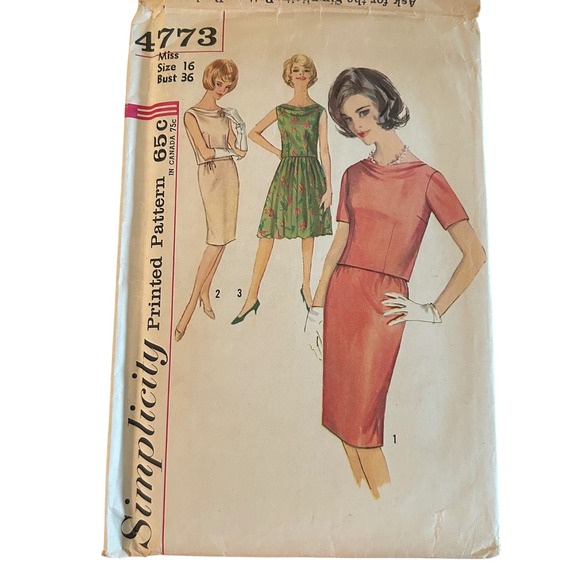 Simplicity Other - Vintage 1960s Simplicity 4773 Sewing Pattern Misses 16 Bust 36 Cowl Neck Dress